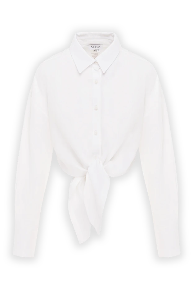 Укороченная белая рубашка из льна с акцентным узлом-завязкой на талии - фото 1