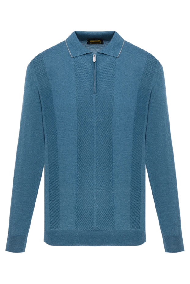 Мужское трикотажное поло с длинным рукавом бирюзово-голубого цвета - фото 1