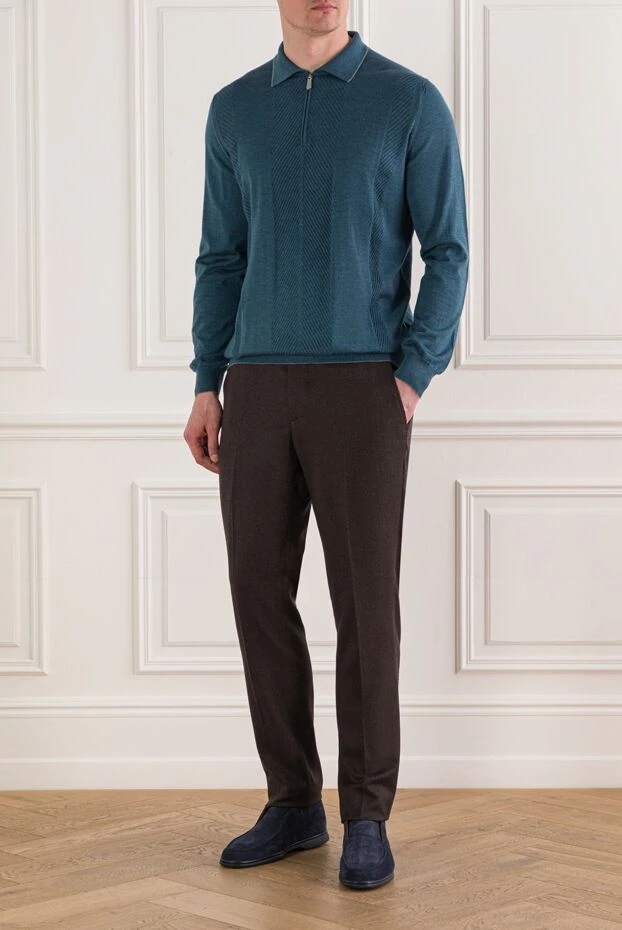 Мужское трикотажное поло с длинным рукавом бирюзово-голубого цвета - фото 2