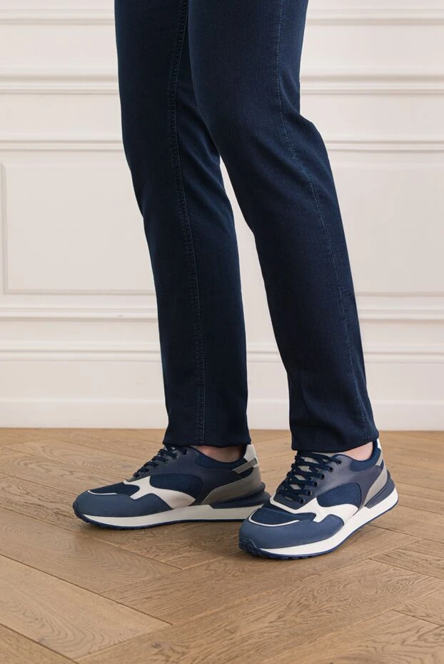 Men's blue leather and suede combination sneakers - photo 2