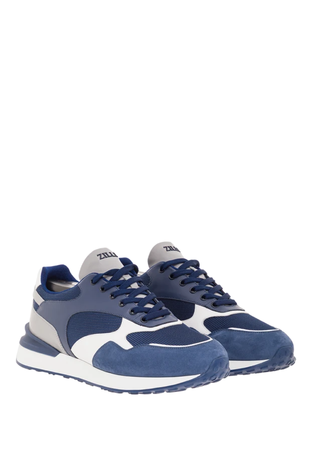 Zilli мужские комбинированные кроссовки из кожи и замши в синем цвете 193092 - фото 3