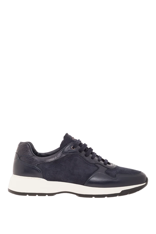 Мужские темно-синие кроссовки из кожи и замши с вставкой из кожи крокодила - фото 1