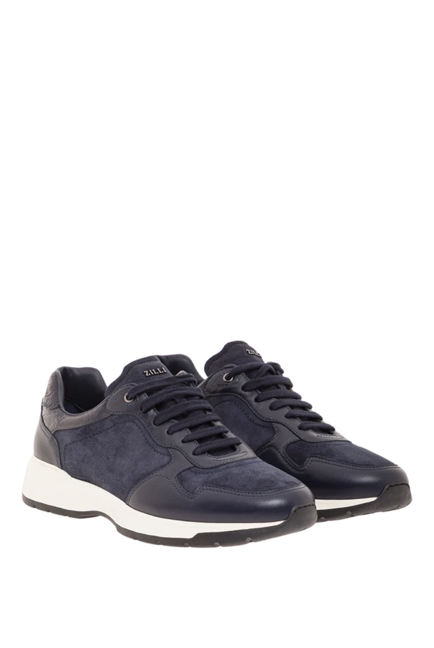 Zilli мужские темно-синие кроссовки из кожи и замши с вставкой из кожи крокодила 193094 - фото 3