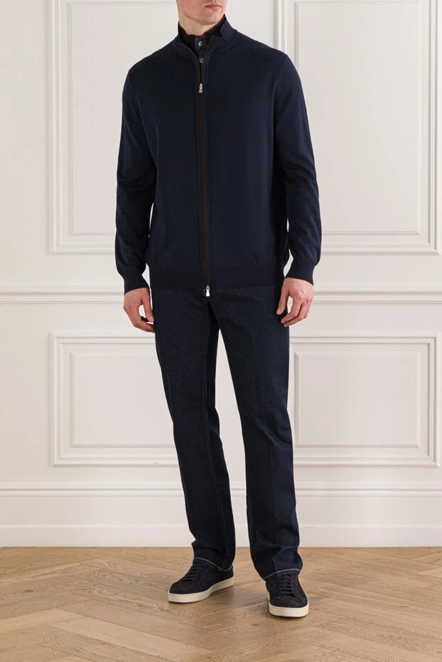 Dark blue cotton jeans with contrast stitching - photo 2
