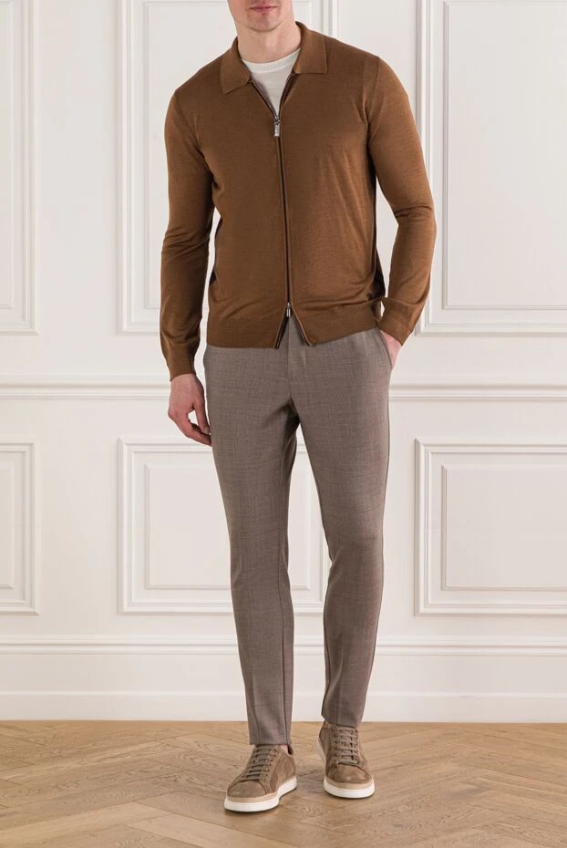 Zilli жібек қосылған және төмен қарай жабылатын жағасы бар ерлерге арналған жүн кардиган 193214 - фото 2