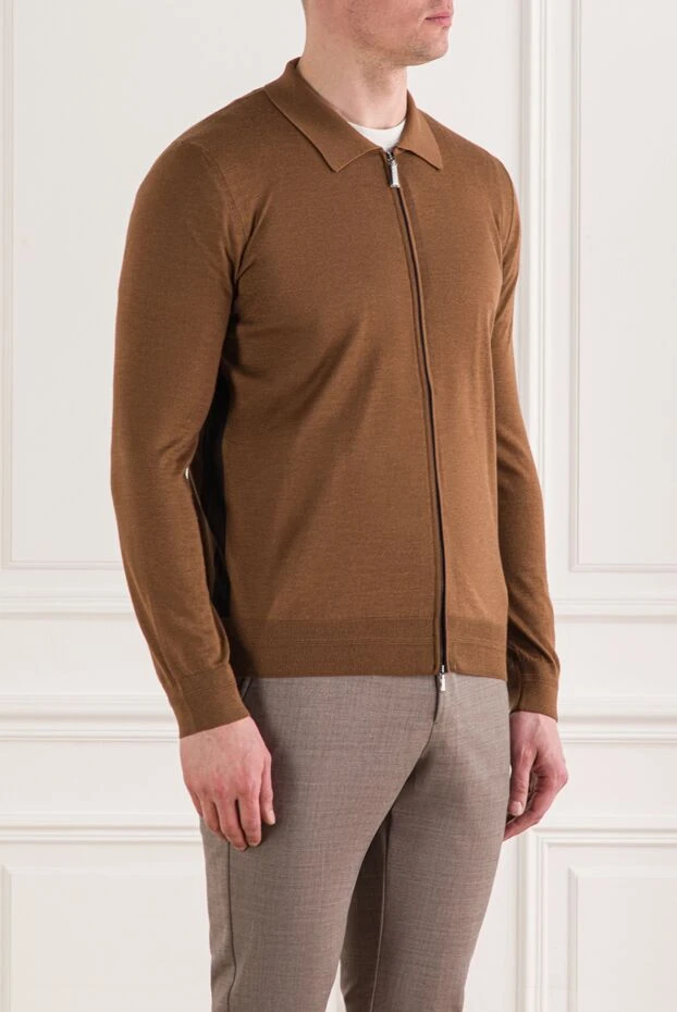 Zilli жібек қосылған және төмен қарай жабылатын жағасы бар ерлерге арналған жүн кардиган 193214 - фото 3