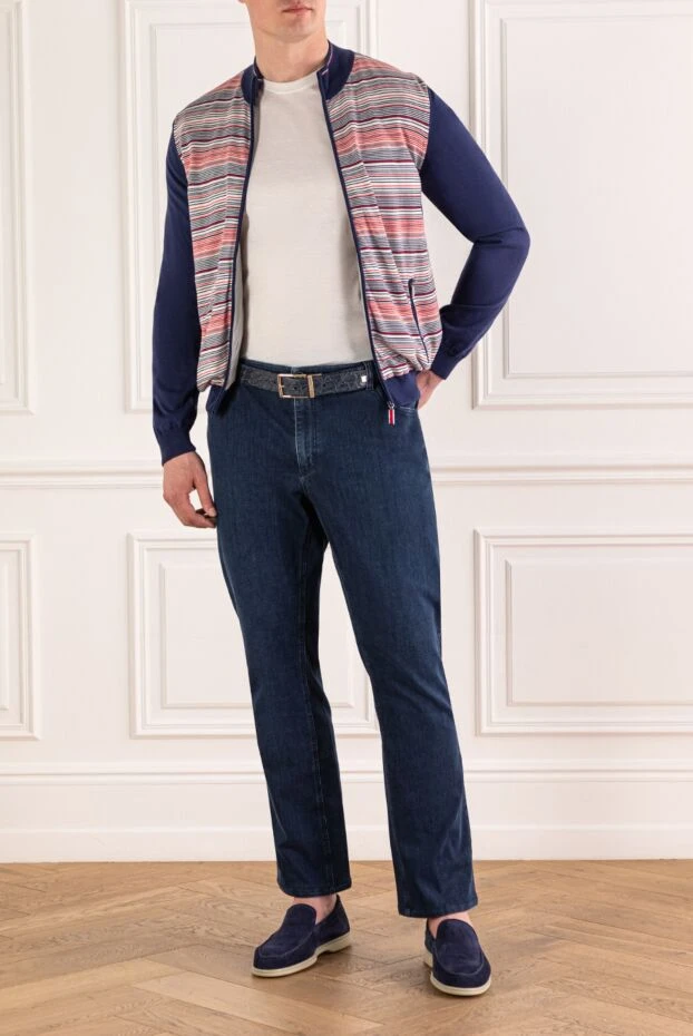 Men's dark blue cardigan in a sporty style with a contrasting insert - photo 2