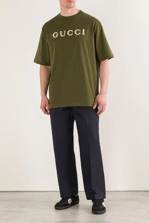 Gucci green men's cotton jersey t-shirt with embroidered logo 193260 - photo 2
