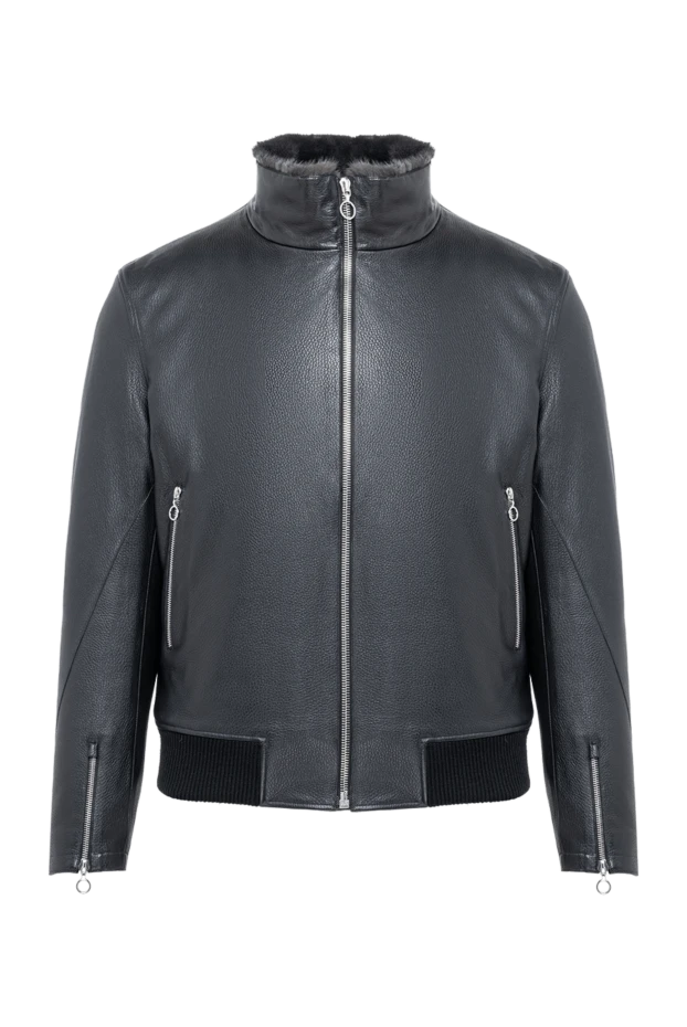 Black leather bomber jacket with fur collar - photo 1