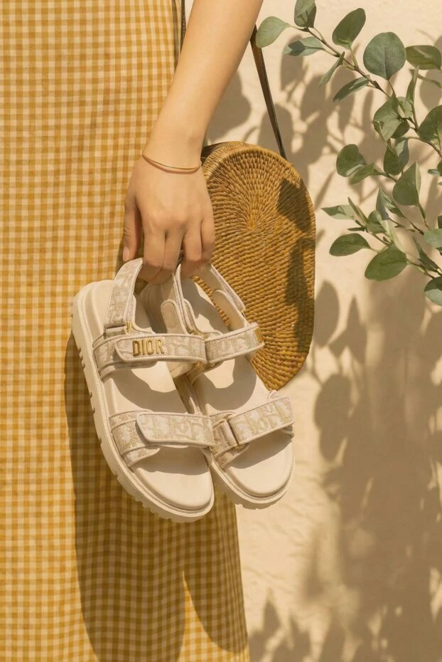 Dior dioract women's sandals made of beige jacquard with metallic thread 193302 - photo 2