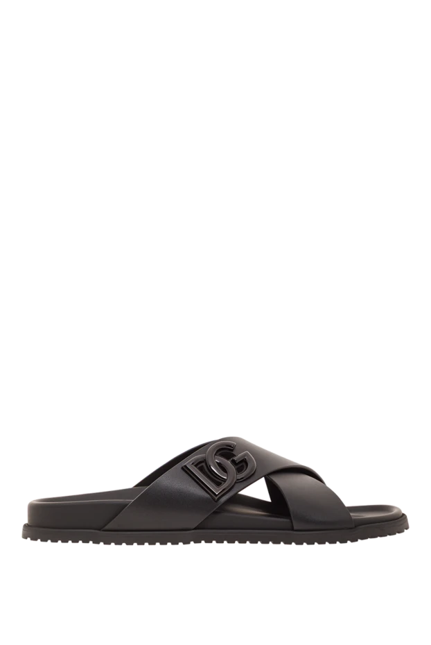 Черные кожаные шлепанцы с перекрестными ремешками и логотипом - фото 1