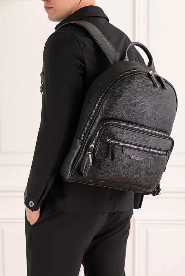 Santoni men's city backpack in classic black made of grained leather 193517 - photo 2