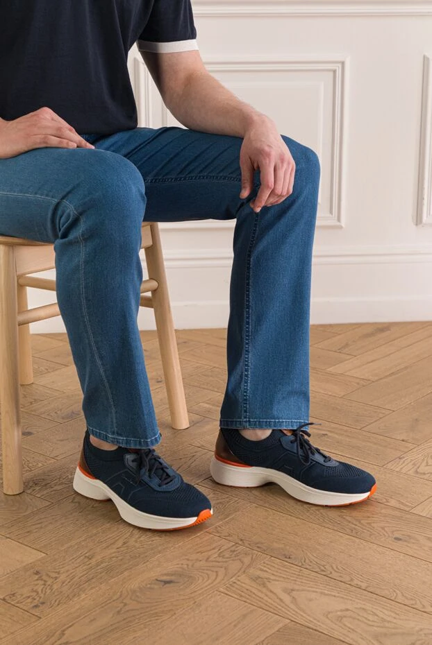 Santoni мужские кроссовки синие из эластичного трикотажа с нубуковыми вставками 193523 - фото 3