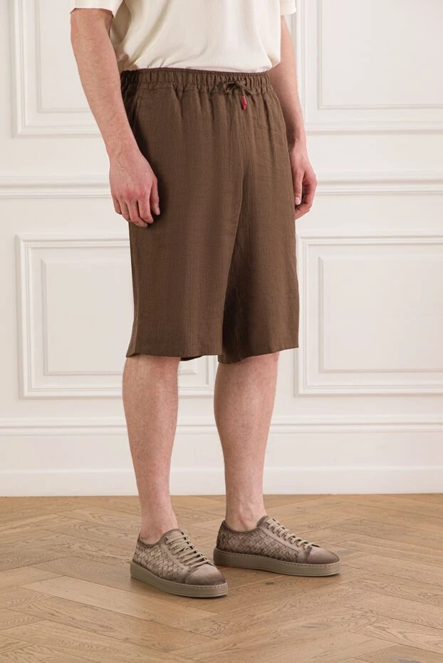 Kiton коричневые шорты бермуды из льна с эластичным поясом и кулиской 193542 - фото 3