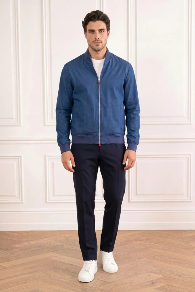 Men's blue denim bomber jacket with knit trim - photo 1