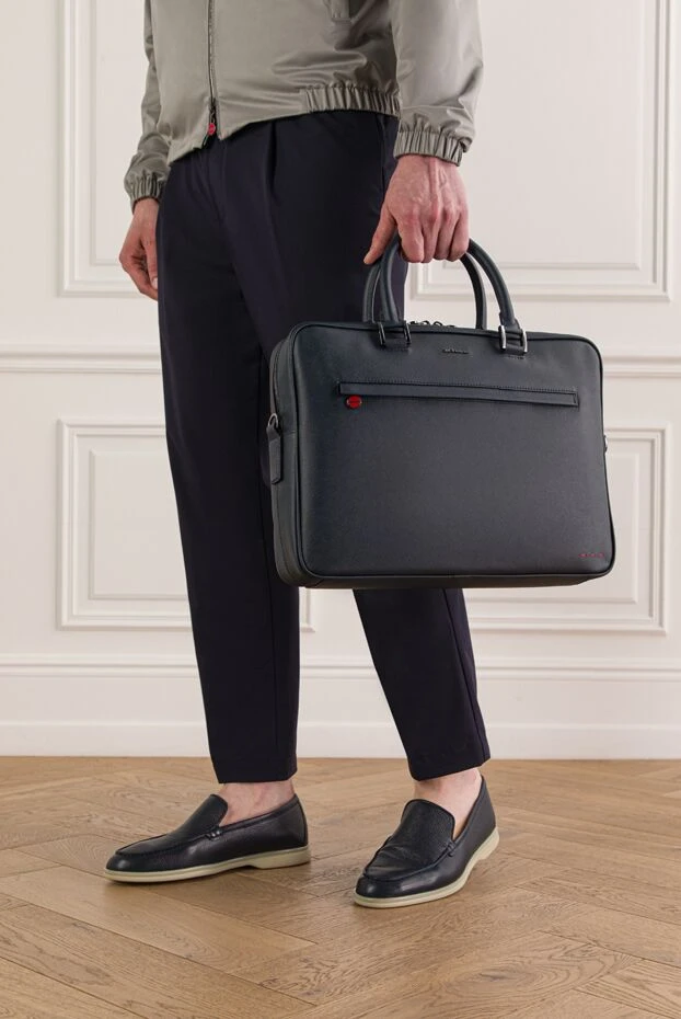 Kiton темно-синий кожаный портфель из сафьяновой телячьей кожи на молнии 193563 - фото 2