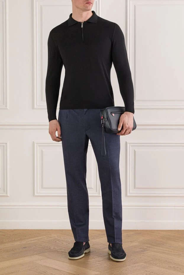 Dark blue trousers with textured weave and a drawstring waistband - photo 2