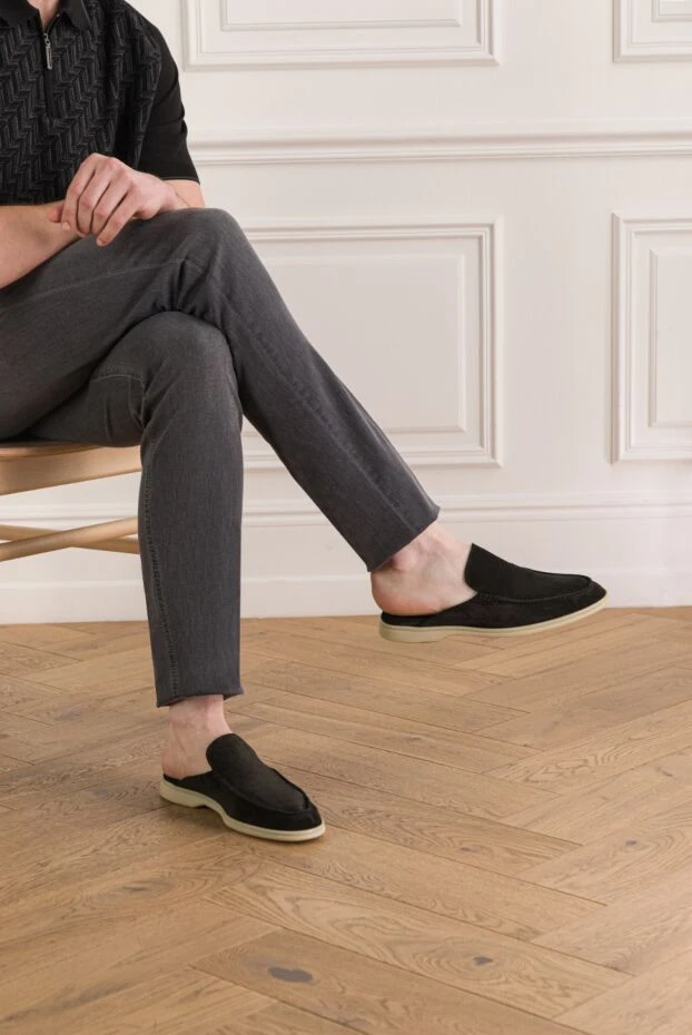 Cesare di Napoli мужские мюли из черной замши на светлой подошве 193672 - фото 2