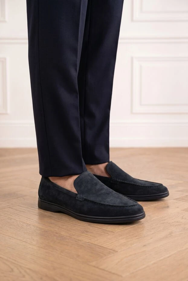 Men's dark blue suede loafers with a thin sole - photo 2