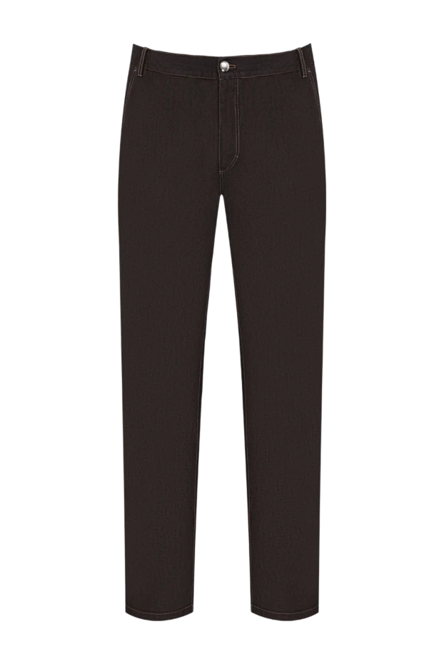 Men's brown linen straight-leg trousers with pocket embroidery - photo 1