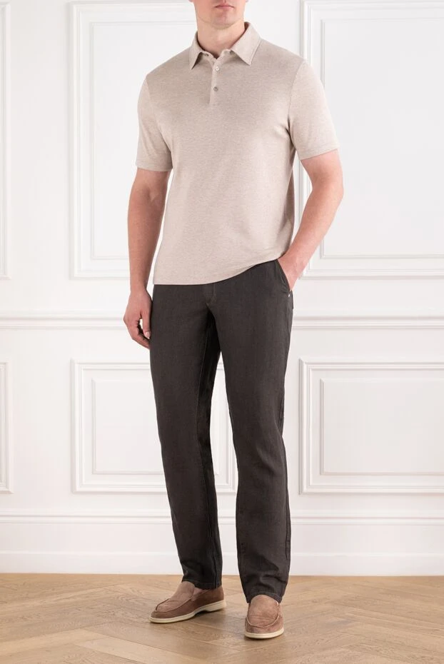 Men's brown linen straight-leg trousers with pocket embroidery - photo 2