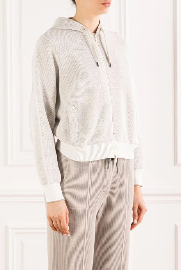 Brunello Cucinelli white women's zip-up hoodie made of cotton with a mesh texture 193716 - photo 3