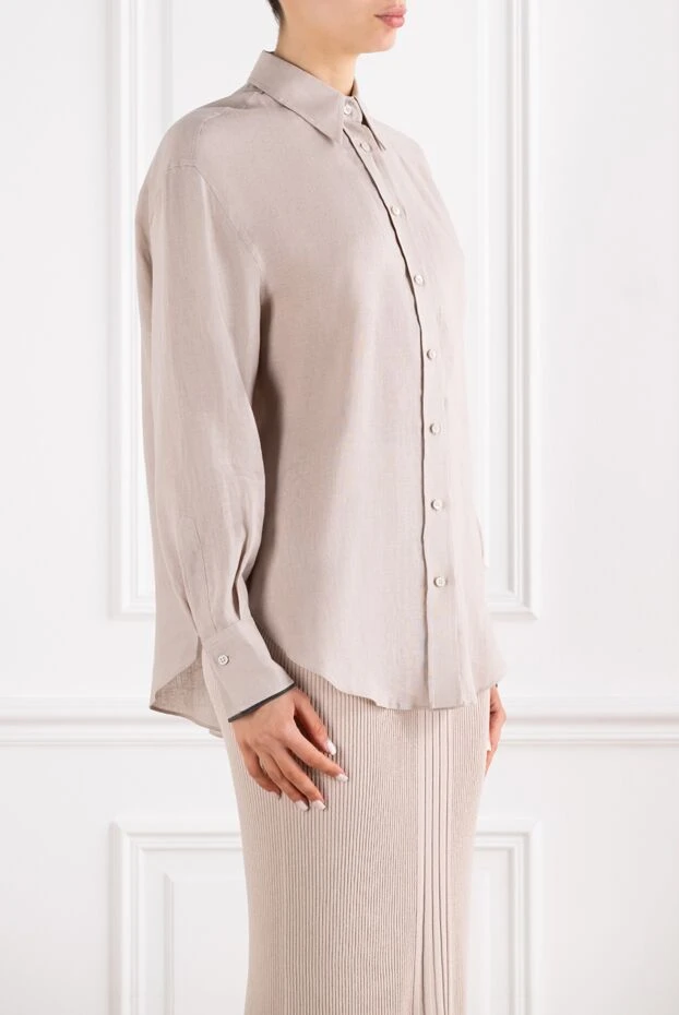 Brunello Cucinelli қарапайым кесіндісі бар әйелдерге арналған бежевый зығыр матадан жасалған жейде 193718 - фото 3