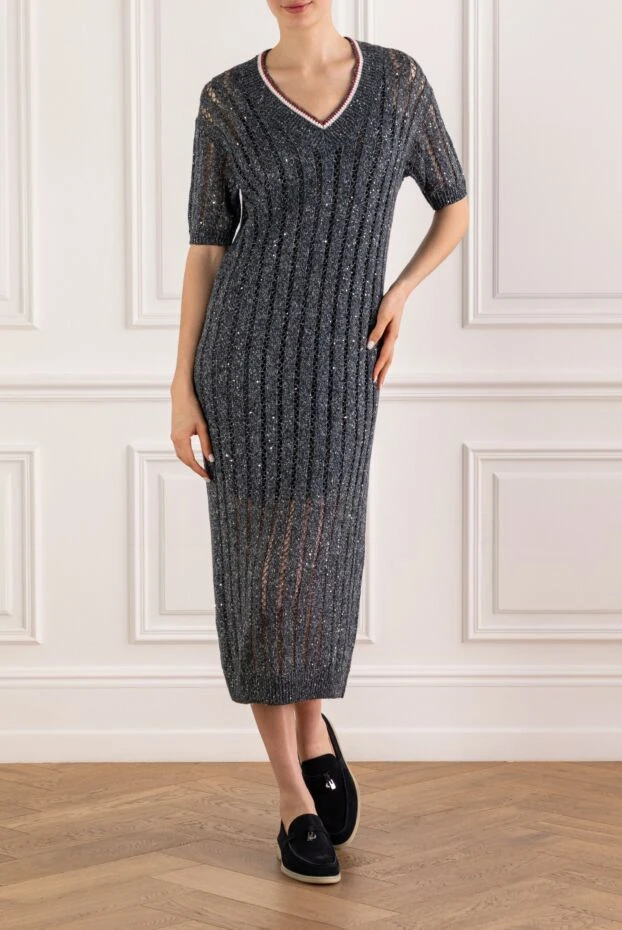 Brunello Cucinelli трикотажное серое платье из льна с открытой вязкой и пайетками 193763 - фото 2