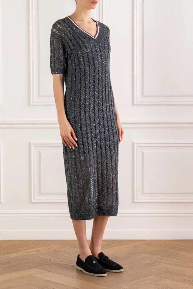 Brunello Cucinelli трикотажное серое платье из льна с открытой вязкой и пайетками 193763 - фото 3