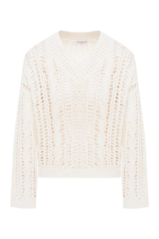 Brunello Cucinelli v-тәрізді жағасы бар ақ түсті кружевный свитер 193764 - фото 1