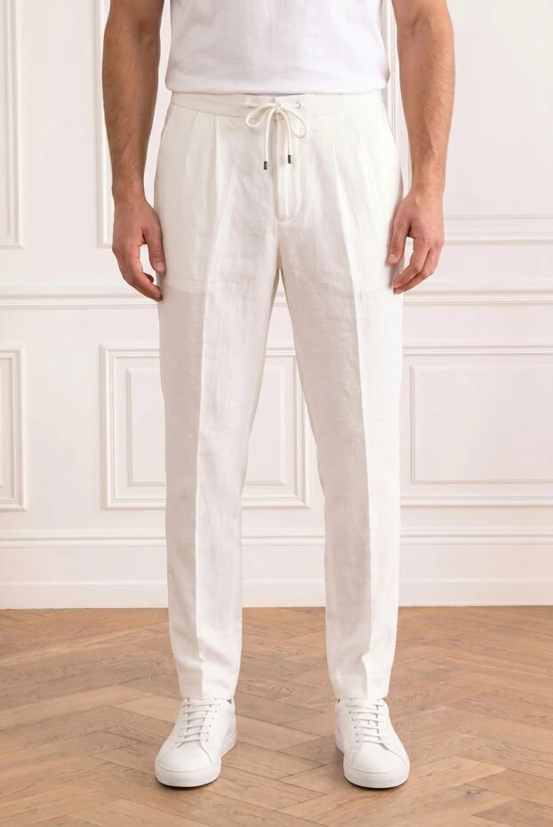 Brunello Cucinelli white men's linen drawstring trousers with darts 193982 - photo 2