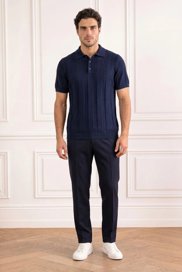 Brunello Cucinelli blue knitted polo shirt with short sleeves and wide vertical stripes 193986 - photo 1