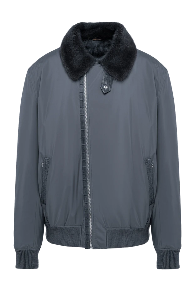 Gray bomber jacket with fur collar and crocodile leather inserts - photo 1