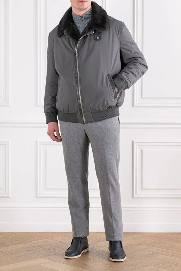 Gray bomber jacket with fur collar and crocodile leather inserts - photo 2
