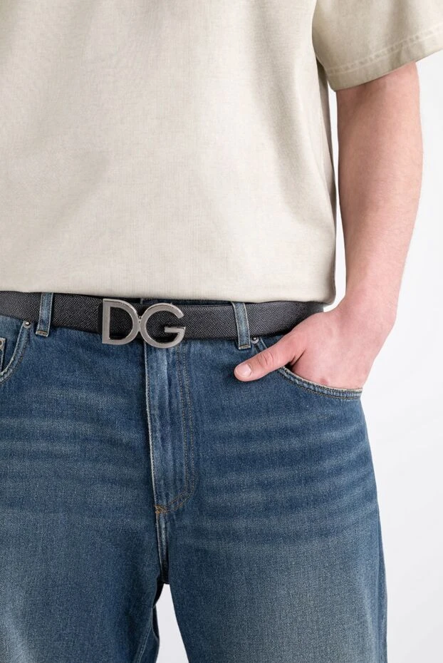 Men's black textured Dauphine leather belt with DG buckle - photo 2