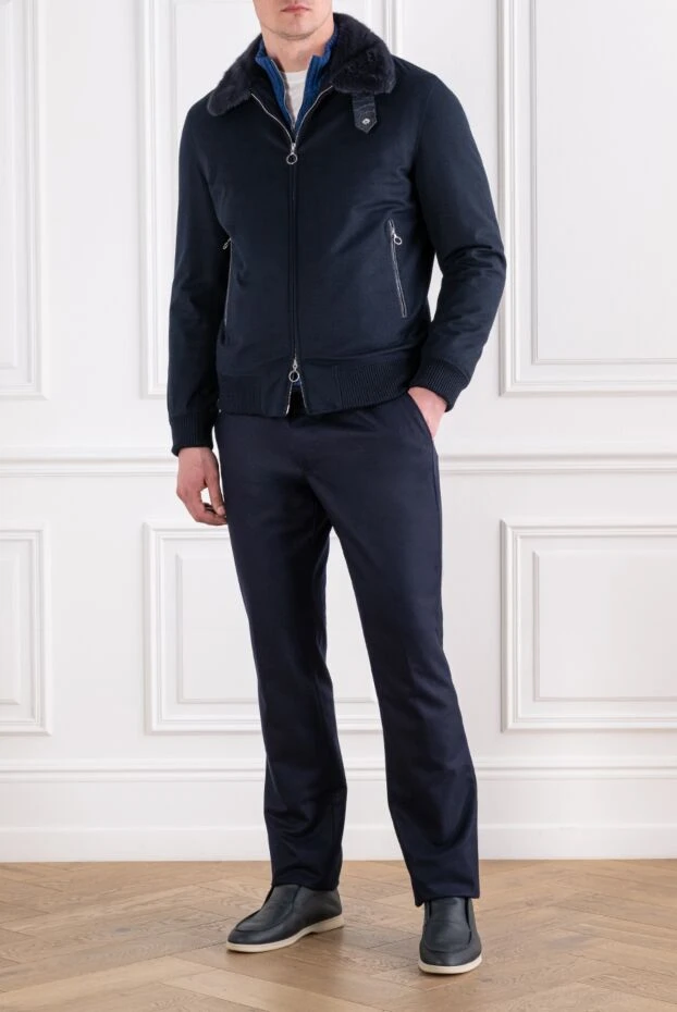 Navy blue cashmere bomber jacket with nutria fur - photo 2