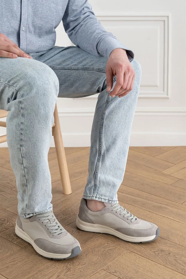 Men's light gray cotton and suede combination sneakers - photo 2