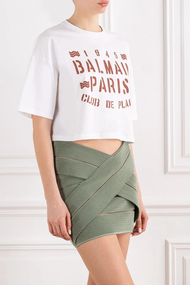 Balmain ақ түсті өрнегі бар әйелдерге арналған қысқартылған футболка 194389 - фото 3