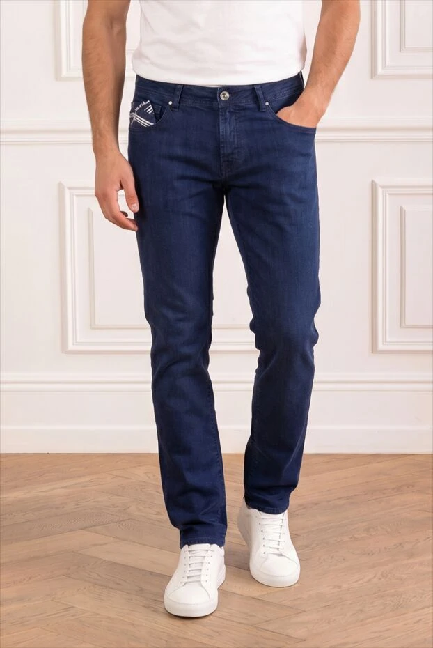 Men's dark blue skinny jeans with a dark leather patch - photo 2