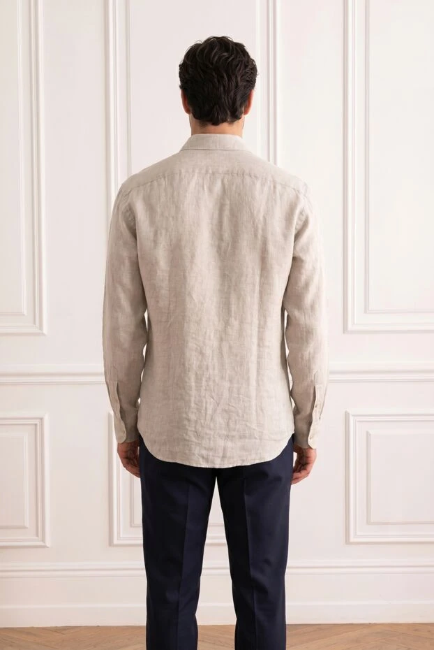Мужская бежевая льняная рубашка классического отложного кроя - фото 2