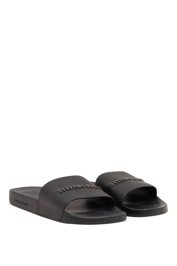 Stefano Ricci black men's grained leather slides with metal logo 194814 - photo 3