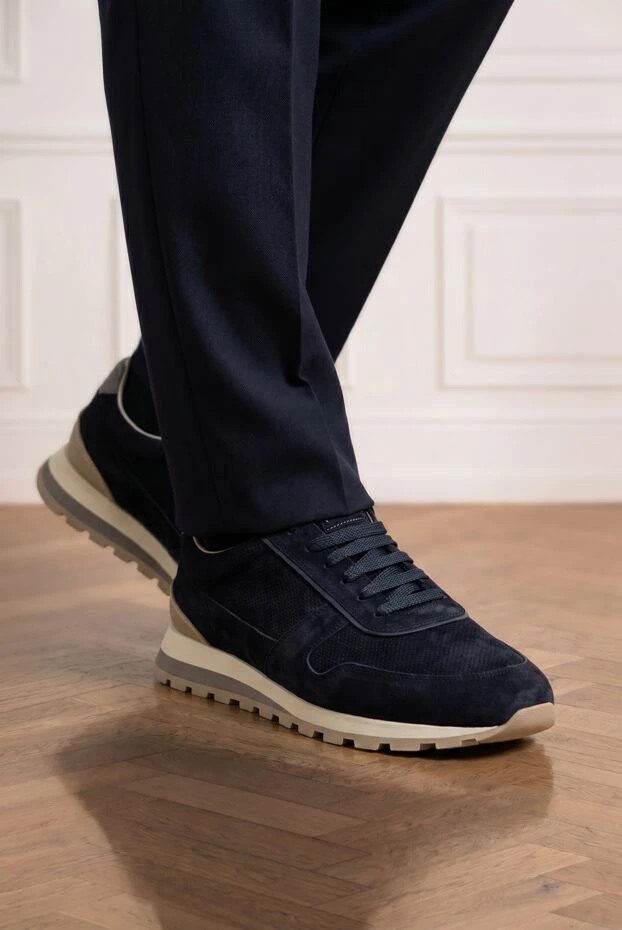 Men's navy blue perforated suede runners - photo 2