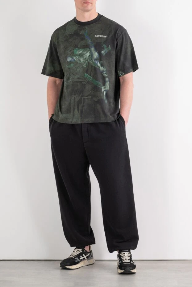 Off-White графикалық баспасы бар ерлерге арналған қою сұр мақта футболкасы 194970 - фото 3