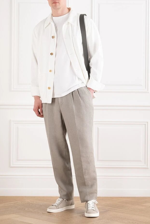 Brunello Cucinelli men's linen trousers with gray pleats and a drawstring 194994 - photo 3