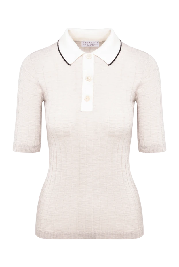 Brunello Cucinelli women's beige ribbed knit polo shirt made of wool and cashmere 195010 - photo 1