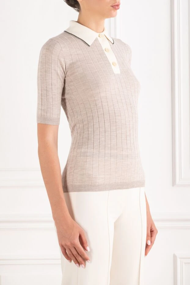 Brunello Cucinelli women's beige ribbed knit polo shirt made of wool and cashmere 195010 - photo 3