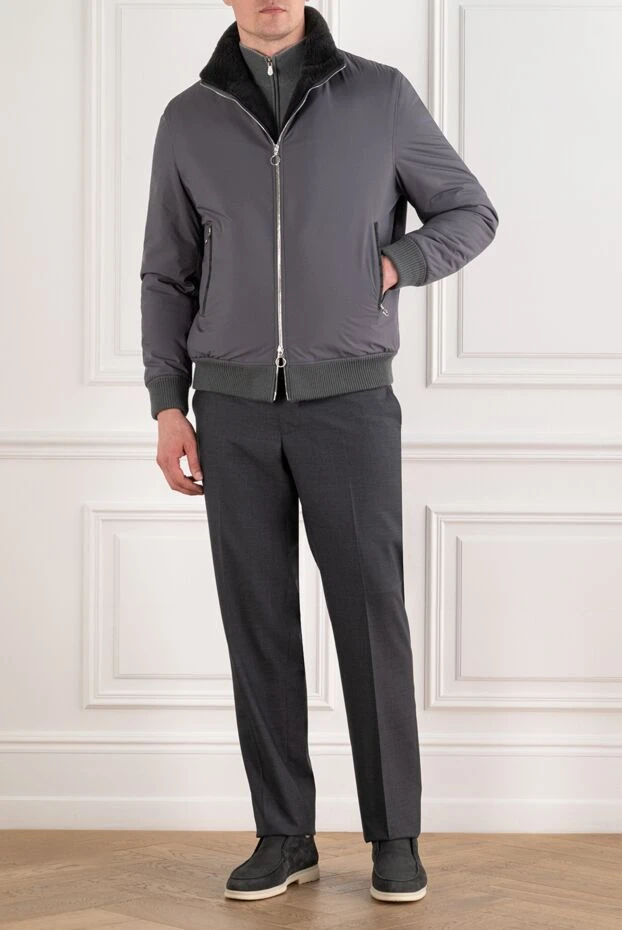Men's gray fur-lined bomber jacket with a knitted collar - photo 2