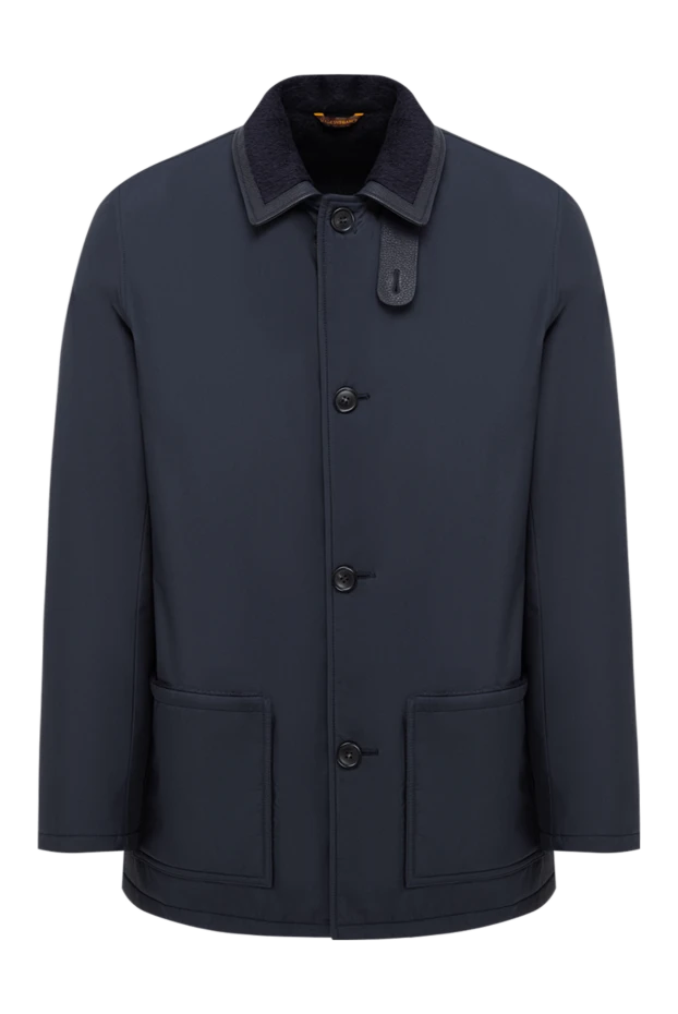 Men's dark blue fur-lined jacket with leather trim - photo 1