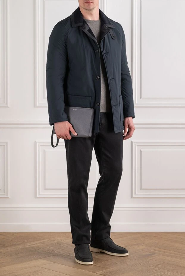 Men's dark blue fur-lined jacket with leather trim - photo 2