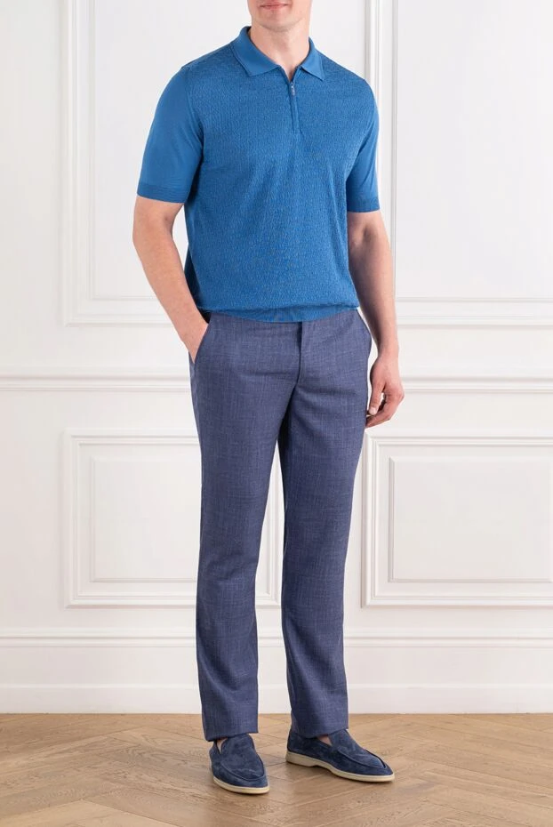 Zilli blue textured knit polo shirt with zip-up and geometric pattern 195242 - photo 2